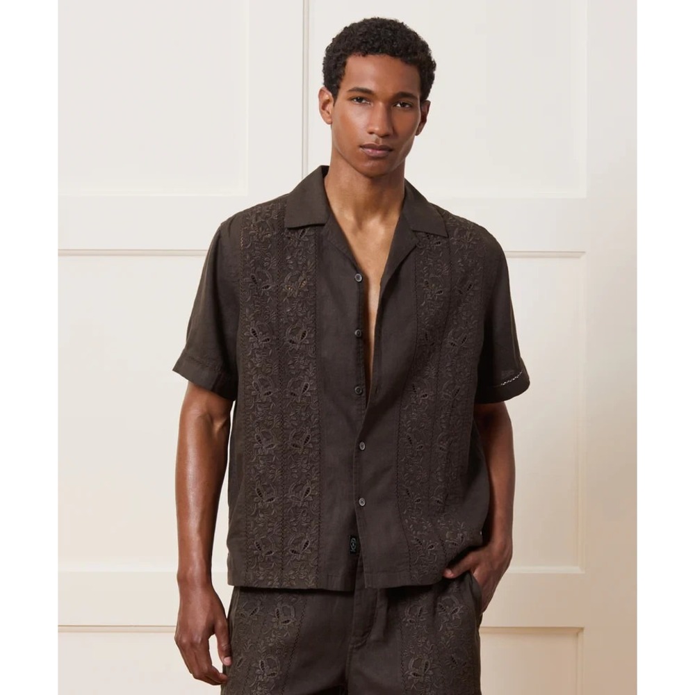 Todd Snyder Cropped Embroidered Linen Camp‎ Loop Collar Shirt in Caviar XL NWT